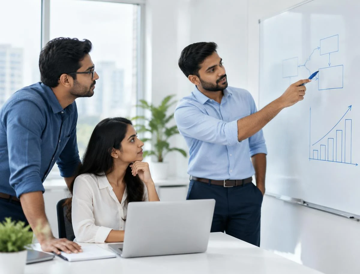 Illustrative marketing team discussing campaign ideas at a whiteboard, not a photograph of the Skynix team