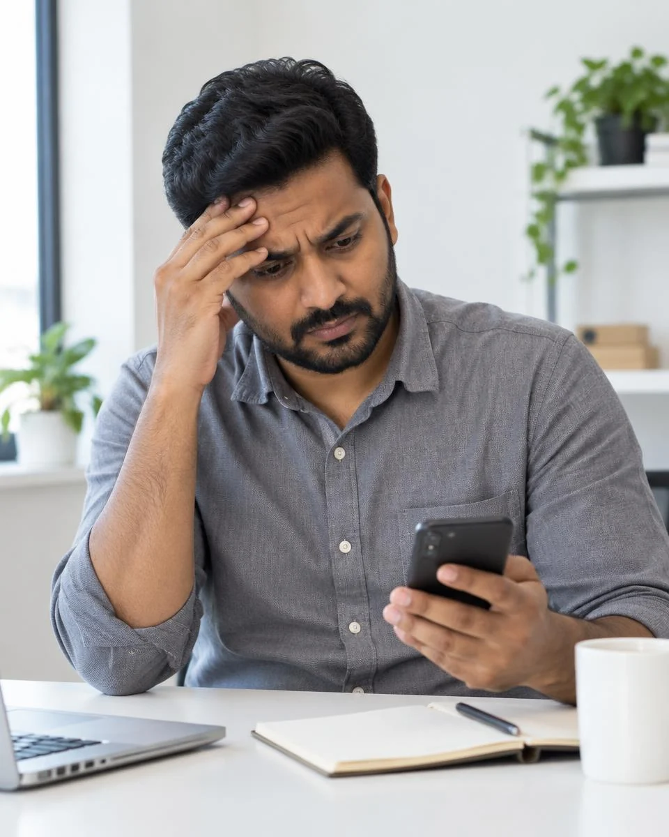 Illustration of a small business owner frustrated by his ads while looking at his phone