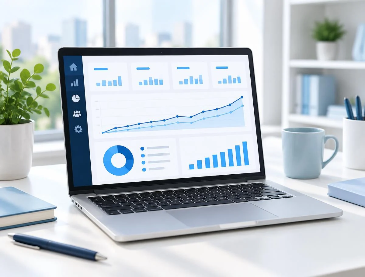 Illustrative laptop ads dashboard with a rising performance graph