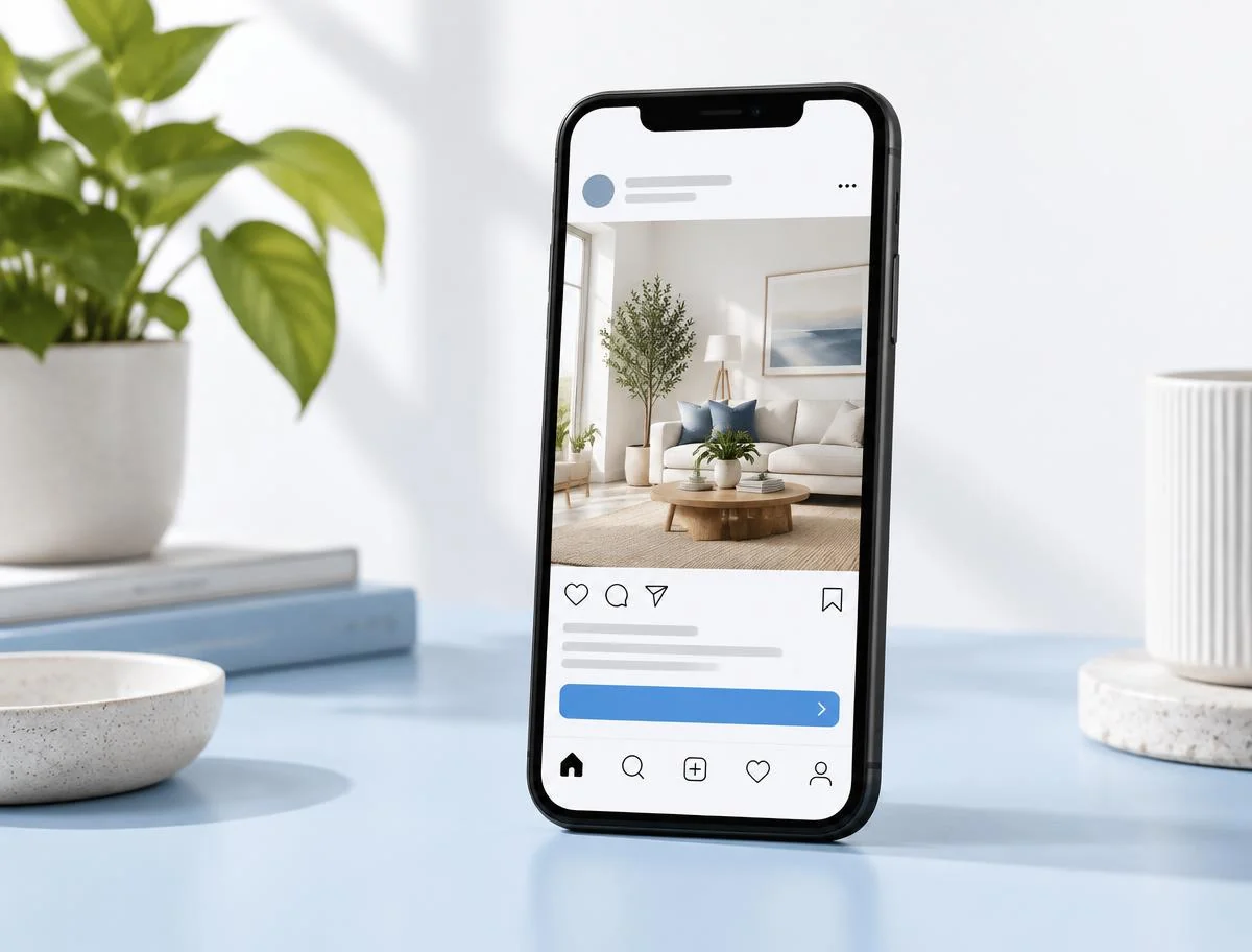Illustrative phone mockup with a sponsored interior design ad